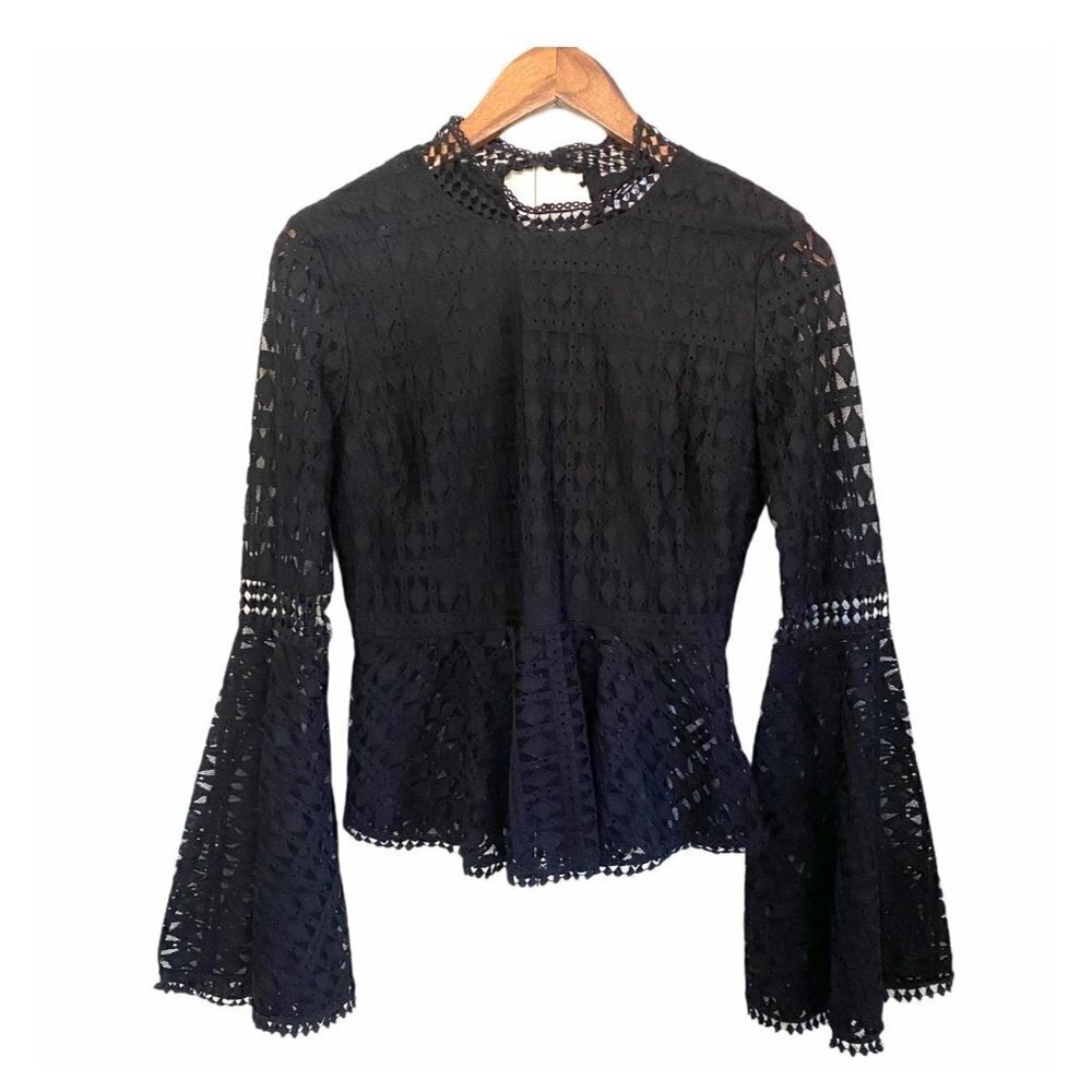 NSR NWT Women's Black Peplum Crochet Lace Mockneck Bell Sleeve Blouse Size Small